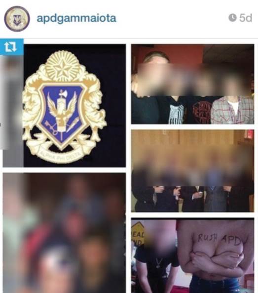 A recent photo on Alpha Phi Delta Fraternity’s Instagram page shows
a topless woman with their letters, APD, written across her chest.