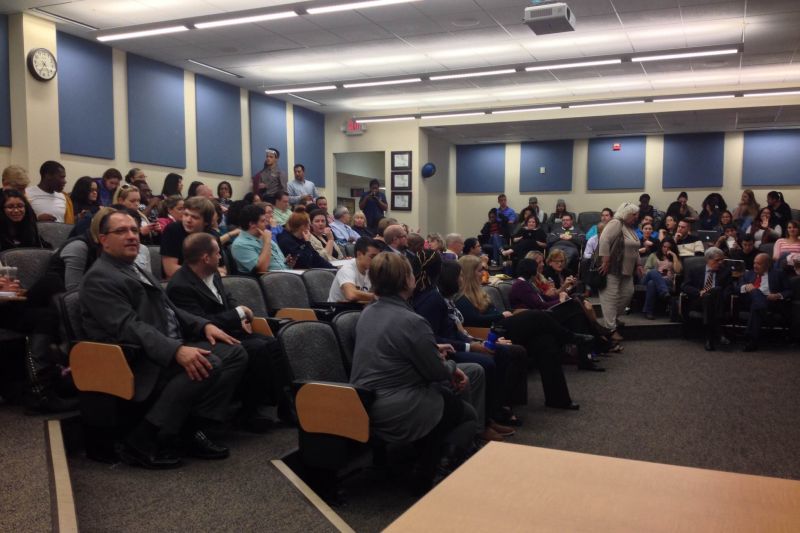 Students, administrators, faculty, and staff filled Lienhard Lecture Hall for the Community Meeting. 