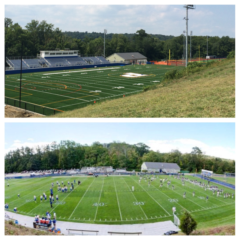 Top: The new Pace Stadium. 
Bottom: The football field before the Master Plan renovation. Photo courtesy of Drew Brown, Associate Athletic Director
