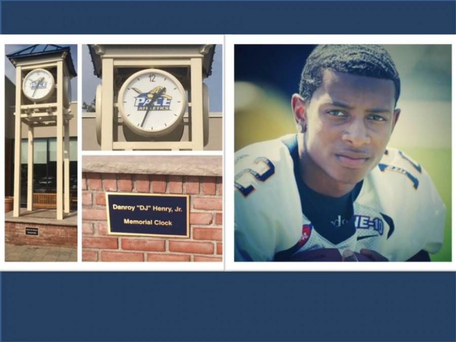 Left: The clock tower built in honor of DJ Henry outside of Goldstein Health and Fitness Center. Top Right: The clock face with only a No. 12 in honor of DJ’s jersey number. Bottom right: The plaque at the foot of the clock tower that honors DJ. 