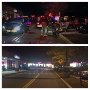 The chaotic scene on the morning of Oct. 17 when Danroy Henry died. Photo from lohud.com.  Bottom: The same road where the Henry shooting took place, as of Oct. 8.  