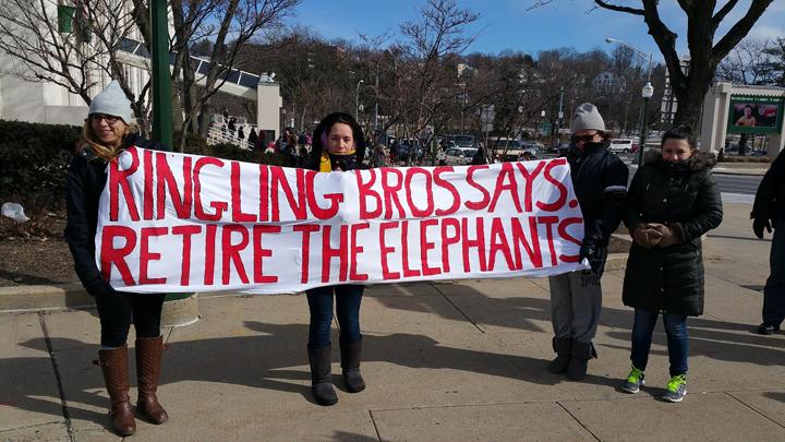 Students protest outside the Westchester County Center. Photo courtesy of Professor John Cronin.