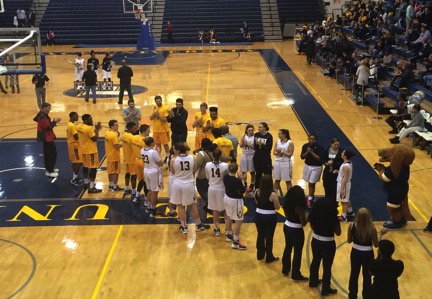 Men’s and women’s basketball teams lined up welcoming teammates during the Senior Day ceremony. Photo by James Miranda/The Pace Chronicle.