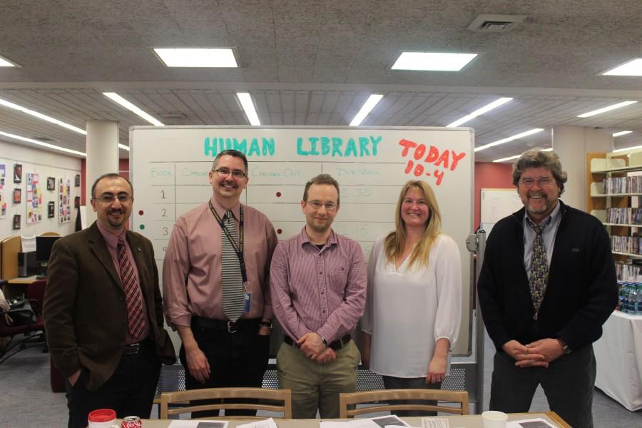 From left to right: Prof. Hasan Arslan, Steven Feyl, Phil Poggiali, Prof. Michelle Land, and Prof. John Cronin. Arslan, Land, and Cronin were part of the human library collection. Photo by Kori Dobbs/The Pace Chronicle.