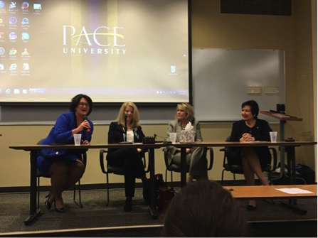 From left to right: Lauren Johnston, Bonnie Corbett, Audrey Murphy, and Dean Harriet R. Feldman. The Lienhard School of Nursing hosted an alumni panel for its 50 anniversary at Pace. Photo by Jennifer Robertson/The Pace Chronicle.