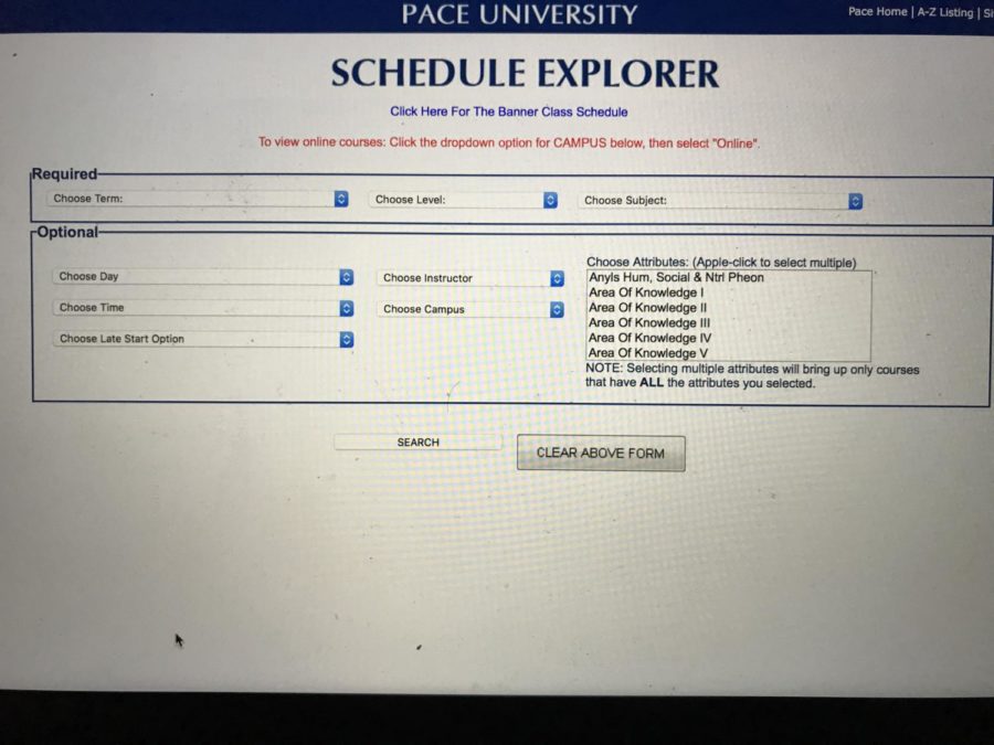 Schedule Explorer on Pace Portal, where to find classes offered. Photo taken by Josiah Darnell