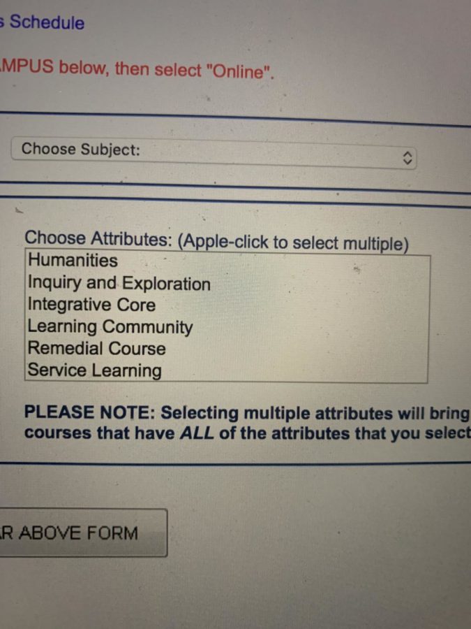 The attributes box on the schedule explorer page, where the learning community classes can be found. 
