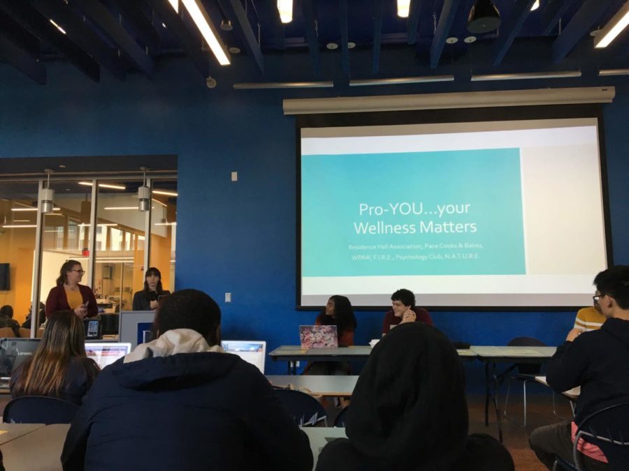 Residence Hall Association presenting their budget for a mental health and wellness event, cosponsored by Pace Cooks and Bakes, WPaw, FIRE, Psychology Club, and NATURE. 