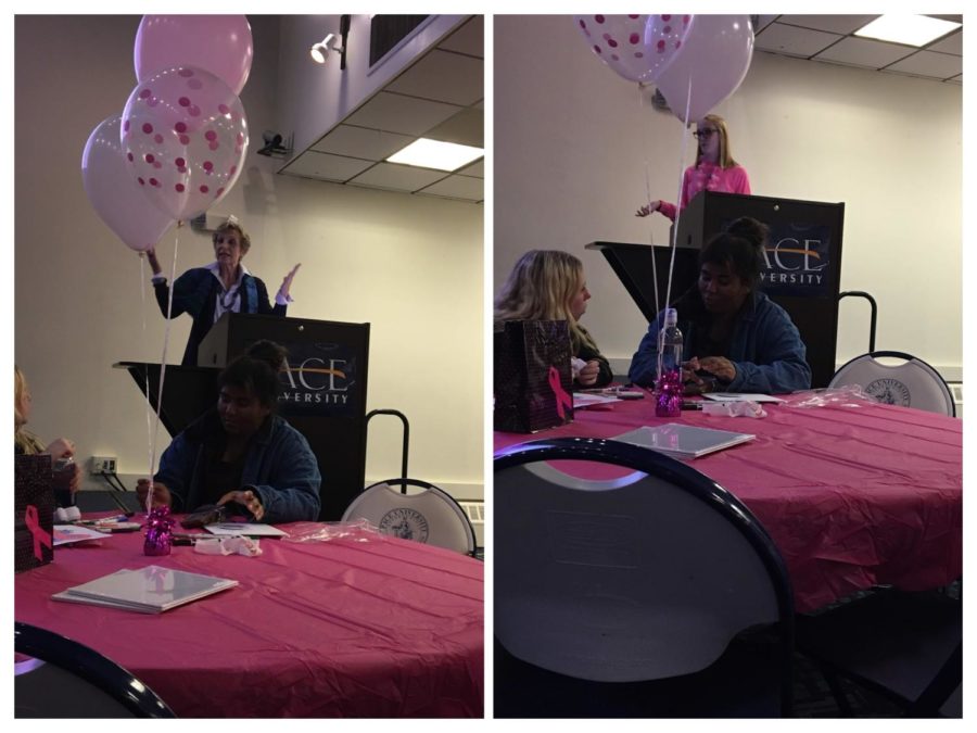 Colleges+Against+Cancer+Faculty+Adviser+Sophie+Kaufman+and+President+Kristin+McInerney+addressing+the+crowd+at+the+start+of+CACs+Think+Pink+event.+