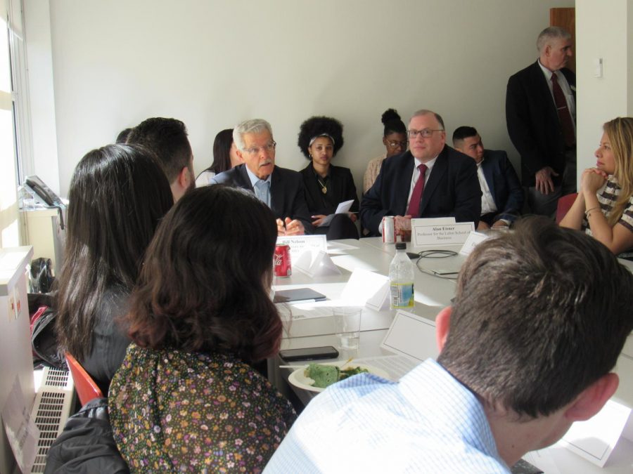 Students, faculty and staff at Lubins roundtable event, featuring former HBO chairman and CEO and Pace alumnus Bill Nelson.