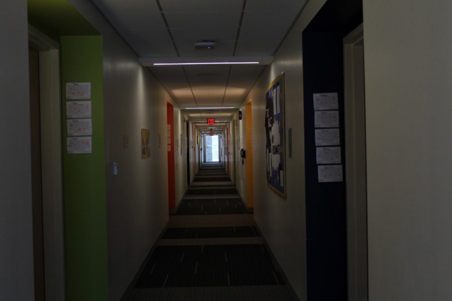 Dark and empty resident halls after majority of residents moved off campus. 