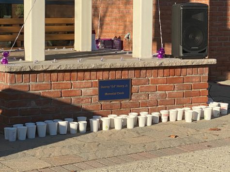 The base of the clocktower filled with candles as students remember DJ Henry's life.