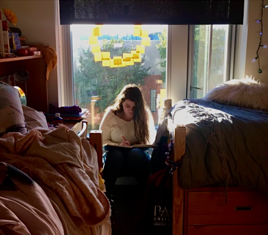 Ashling Dennehy 22 studying in her dorm at Pace Pleasantville.