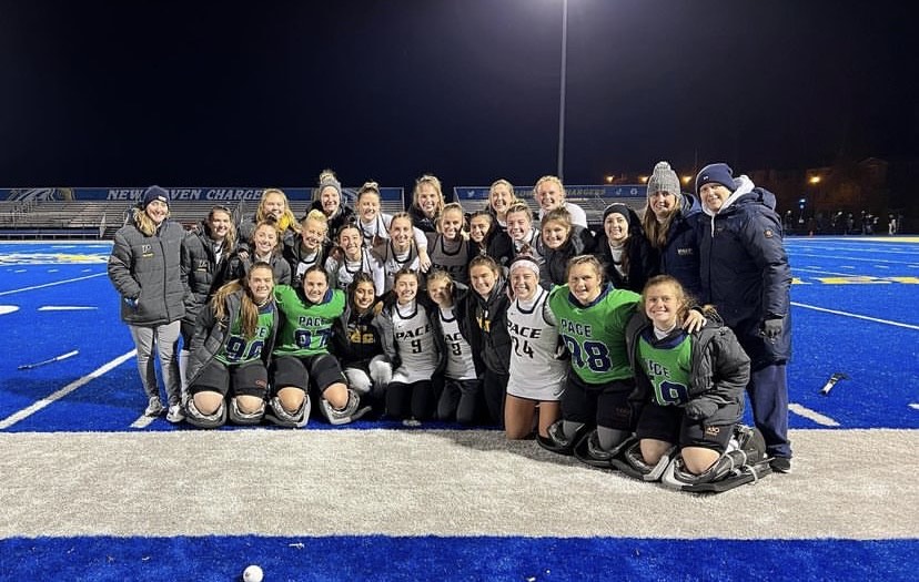 Pace Field Hockey poses after their NE-10 Semifinal Victory(Cred:Pace Athletics)
