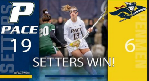 Official victory graphic for Pace Womens Lacrosse featuring Graduate Midfielder Emma Rafferty with the ball(paceathletics/IG)