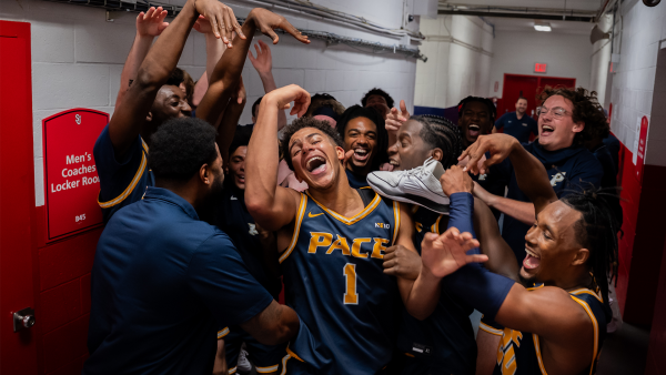Pace Mens Basketball celebrates their victory on the road versus Division 1 St. Johns University on October 29, 2023(pacembb/IG)