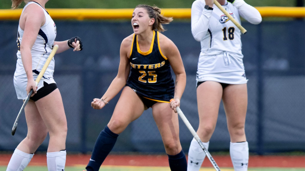 Krista Dietz celebrates her lead taking goal late in the 3rd quarter of the 2023 NE-10 Championships Quarterfinal game versus Southern New Hampshire University (paceuathletics.com)