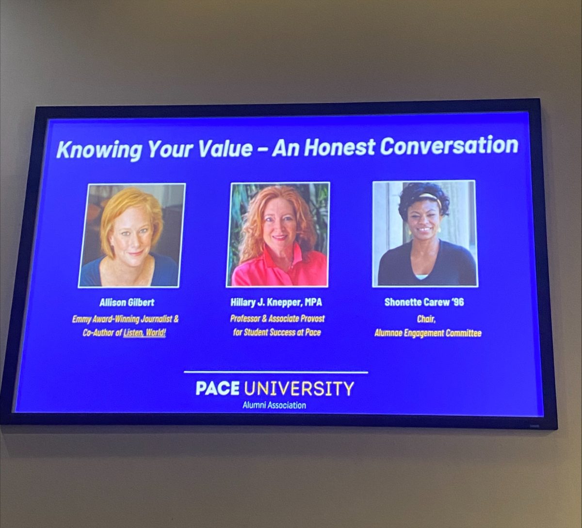 Graphic from the event featuring author Allison Gilbert, Q&A Host Professor Hillary J. Knapper, and Chair of the Alumnae Engagement Committee Shonette Carew.