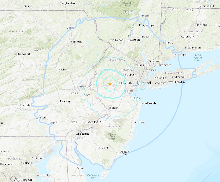 map from the United States Geological Survey demonstrates the range of distance that the 10:30 AM earthquake and aftershock was felt.