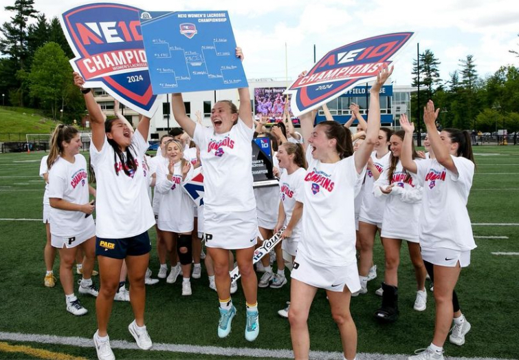 On field celebrations begin at Northwell Stadium following Pace WLAXs NE-10 Championship game victory on May 11, 2024 (pacewlax and paceuathletics/IG)