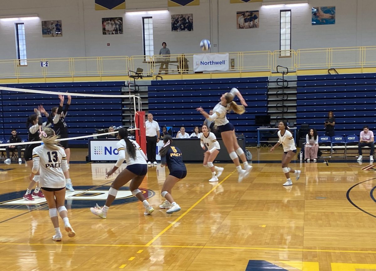 Senior Outside Hitter Abby Robertson just before one of her 12 kills versus the Franklin Pierce University Ravens.