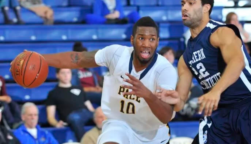 A young John Merceus drives to the basket in a 2013 Pace Men's basketball game. (Paceuathletics.com)