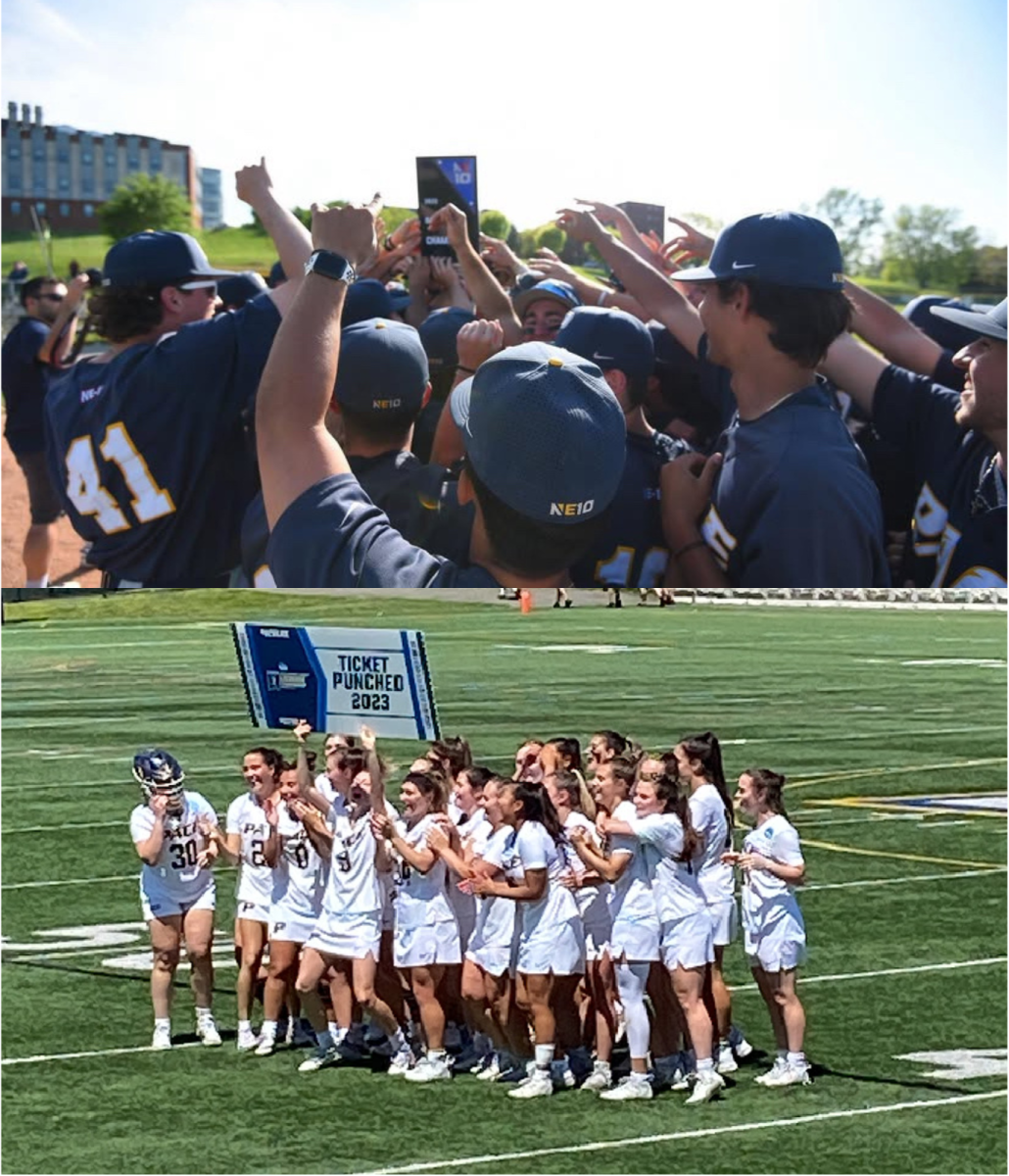 ABOVE: Pace Baseball celebrates winning the 2023 NE-10 Championship on the campus of Le Moyne College in Syracuse, NY on May 13, 2023. Courtesy of Pace Athletics.

BELOW: Pace Women's Lacrosse show off their ticket to the Final Four to the crowd following their East Regional Championship win at Pace Stadium on May 14, 2023. Photo by Dylan Brown