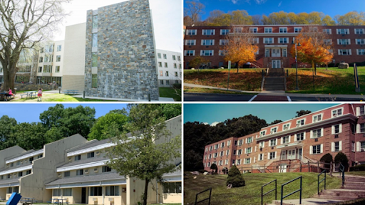 Elm Hall (top left), Martin Hall (top right), North Hall (bottom right) and the Townhouses (bottom left). Images from Pace University. 